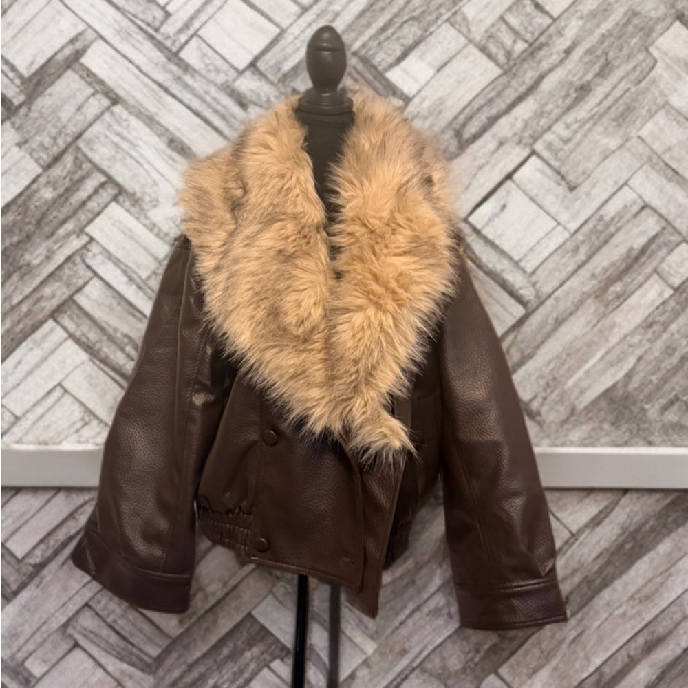Brown Vegan Leather Jacket with Faux Fur Collar